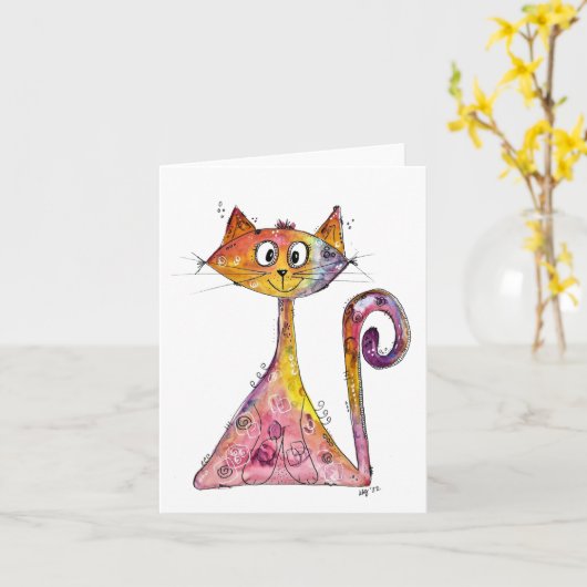 Carte Chat rose blanc mignon (Fleur jaune)