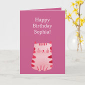 Carte Chat rose mignon Anniversaire (Fleur jaune)