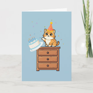 Carte Chat Rouge Drôle Poussant un Gâteau d'Anniversaire