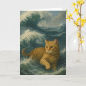 Carte Chat roux courageux chevauchant les vagues de l'oc (Fleur jaune)
