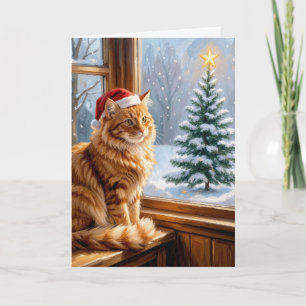 Carte Chat roux de Noël dans la fenêtre d'une ferme