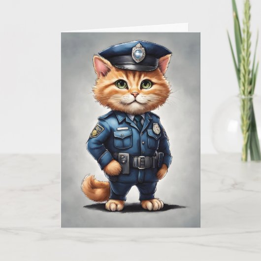 Carte Chat roux mignon en uniforme de police à l'aquarel (Devant)
