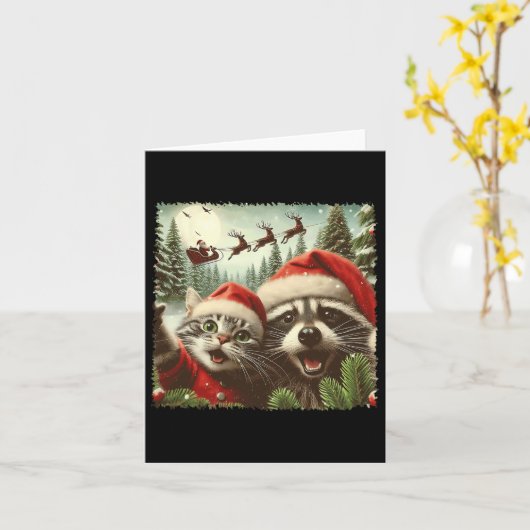 Carte Chat selfie avec le traîneau du Père Noël Drôle ét (Fleur jaune)