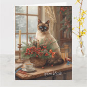 Carte Chat siamois arrangeant des fleurs en hiver Noël (Fleur jaune)