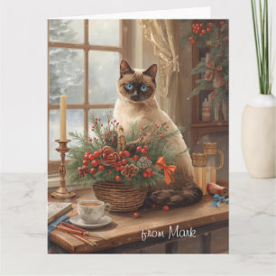 Carte Chat siamois arrangeant des Fleurs Hiver Noël