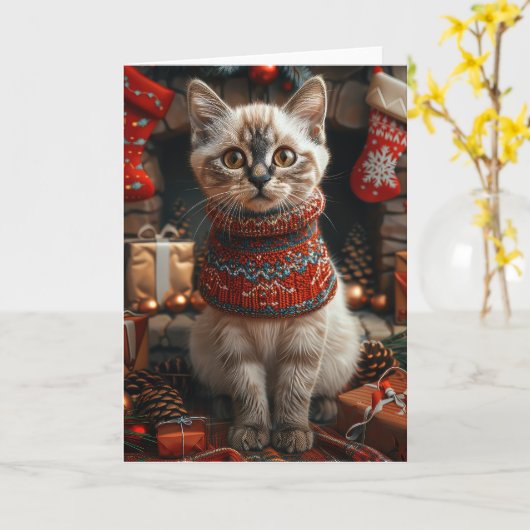 Carte Chat siamois avec cheminée de cadeaux de Noël (Fleur jaune)