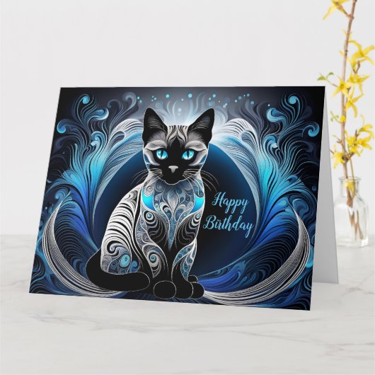 Carte Chat siamois, Bleu et blanc abstrait Anniversaire (Fleur jaune)