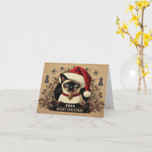 Carte Chat siamois royal de Noël, Kitten Santa Bienvenue