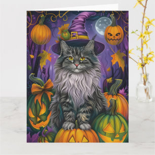 Carte Chat Sibérien éffrayant Halloween sorcière et Citr