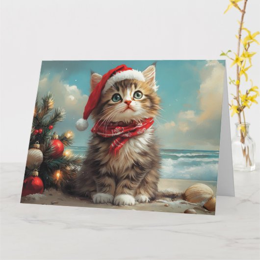 Carte Chat Sibérien Noël Vintage Plage (Fleur jaune)