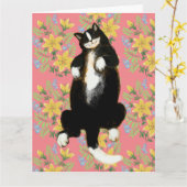 Carte Chat smoking assis sur un lit fleuri (Fleur jaune)