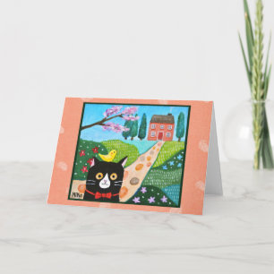 Carte Chat smoking et petit oiseau jaune Art folklorique
