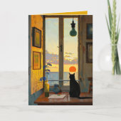 Carte Chat solitaire éditable regardant un coucher de so (Devant)