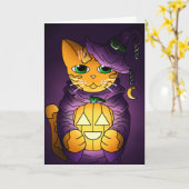 Carte Chat-sorcière d'Halloween violet (Fleur jaune)
