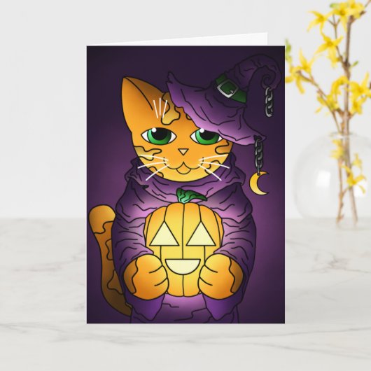 Carte Chat-sorcière d'Halloween violet (Fleur jaune)
