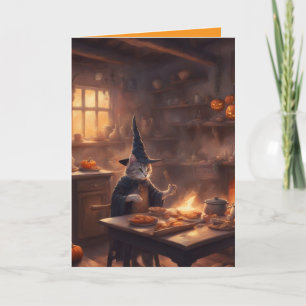 Carte Chat sorcière fait une soupe d'Halloween et un poè