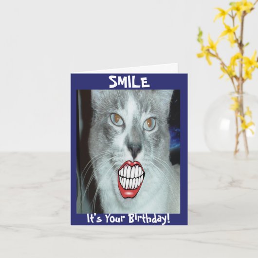 Carte Chat souriant Anniversaire (Fleur jaune)