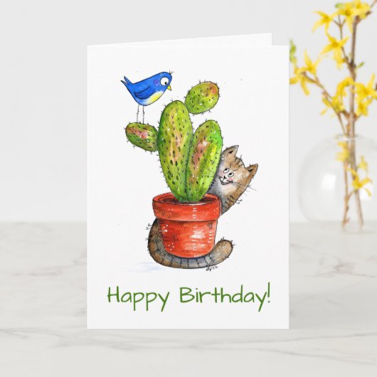 Carte Chat sournois avec Cactus (Fleur jaune)