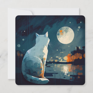 Carte Chat sous la lune par lac - CARD