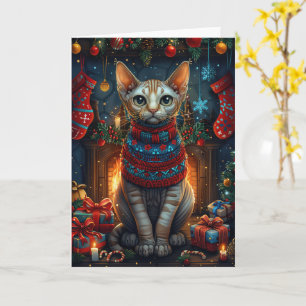 Carte Chat Sphynx avec des cadeaux de Noël Cheminée