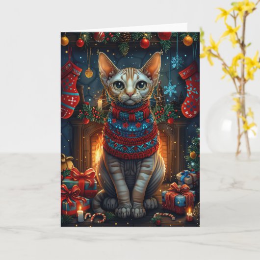 Carte Chat Sphynx avec des cadeaux de Noël Cheminée (Fleur jaune)