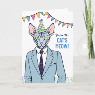 Carte Chat Sphynx d'anniversaire habillé en costume