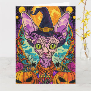 Carte Chat Sphynx Effrayant Halloween Sorcière et Citrou