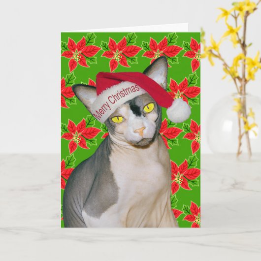 Carte Chat Sphynx Ninja Père Noël Noël Holi Vert (Fleur jaune)