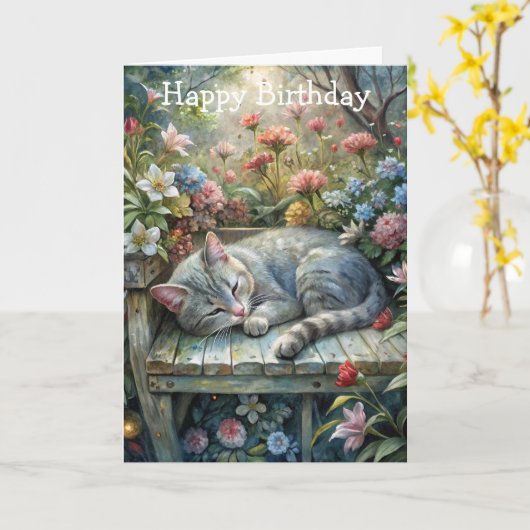 Carte Chat sur banc (Fleur jaune)