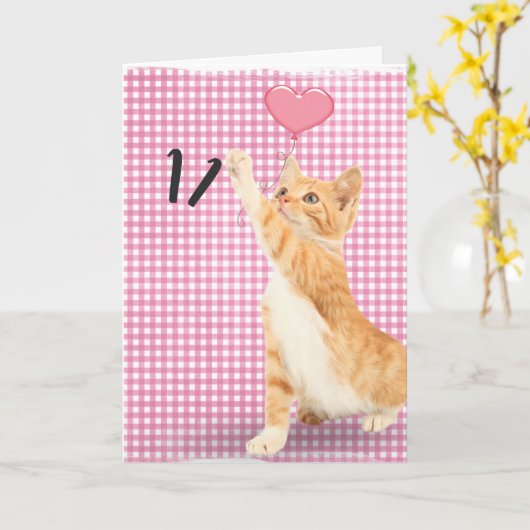 Carte chat tabby 11e anniversaire (Fleur jaune)