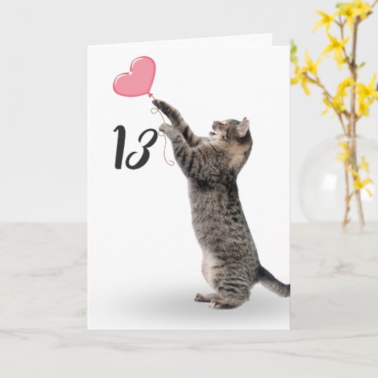 Carte chat tabby 13e anniversaire (Fleur jaune)