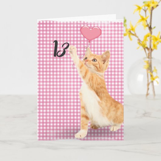 Carte chat tabby 13e anniversaire (Fleur jaune)