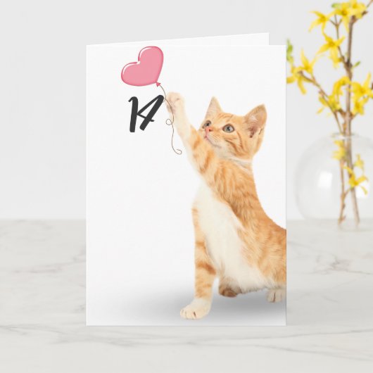 Carte chat tabby 14e anniversaire (Fleur jaune)