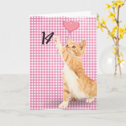 Carte chat tabby 14e anniversaire (Fleur jaune)
