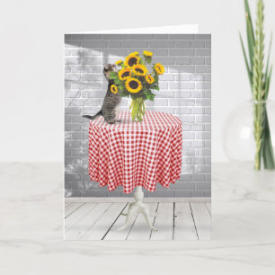 Carte Chat Tabby Anniversaire Avec Bouquet De Tournesol