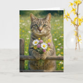 Carte Chat Tabby Anniversaire Avec Bouquet Fleur sauvage (Fleur jaune)