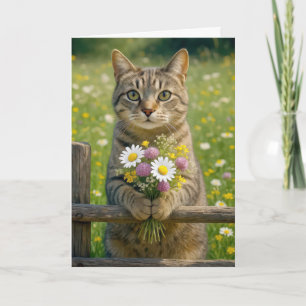 Carte Chat Tabby Anniversaire Avec Bouquet Fleur sauvage