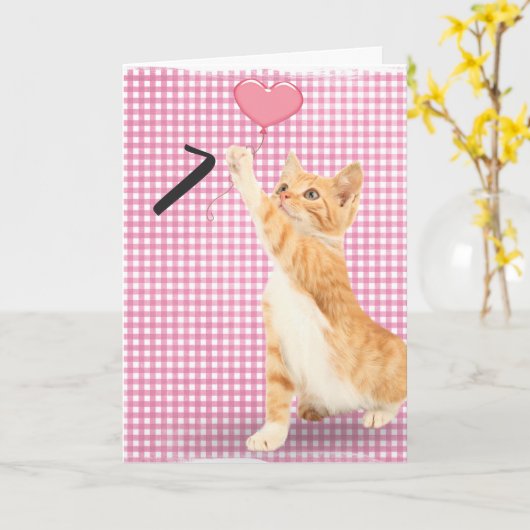 Carte chat tabby de 7ème anniversaire (Fleur jaune)