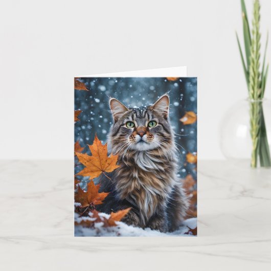 Carte Chat tabby gris beau Automne Feuilles Blank (Devant)