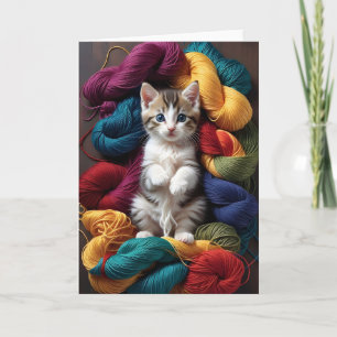 Carte Chat Tabby Mignon Jouant dans des Pelotes de Fils 
