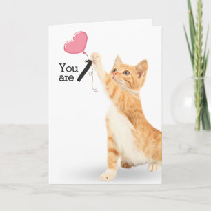 Carte Chat tabby pour premier anniversaire avec ballon e