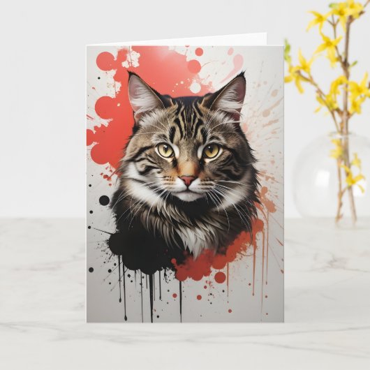 Carte Chat tigré à l'aquarelle éclaboussure d'art rouge (Fleur jaune)