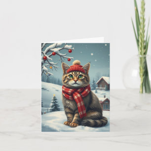 Carte Chat tigré en tenue et chapeau de prépa d'hiver Hi