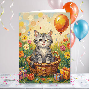 Carte Chat tigré & Fleurs Joyeux Anniversaire Fille