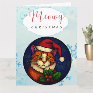 Carte Chat tigré orange de Noël en vitrail