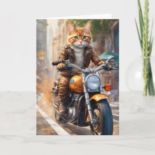 Carte Chat tigré orange en balade à moto