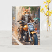 Carte Chat tigré orange en balade à moto (Fleur jaune)