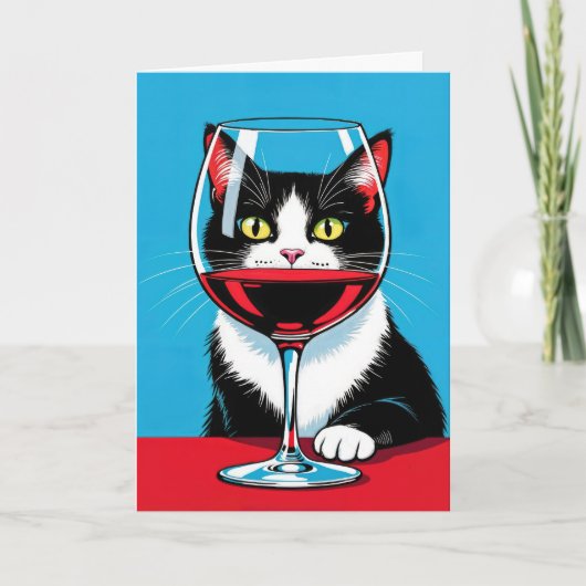 Carte Chat Tuxedo Anniversaire à travers le verre de vin (Devant)