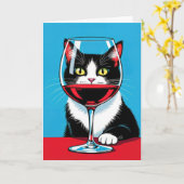 Carte Chat Tuxedo Anniversaire à travers le verre de vin (Fleur jaune)