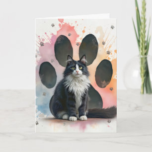 Carte Chat Tuxedo d'anniversaire avec empreintes de patt